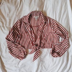 Long Sleeve Red Striped Knotted Blouse